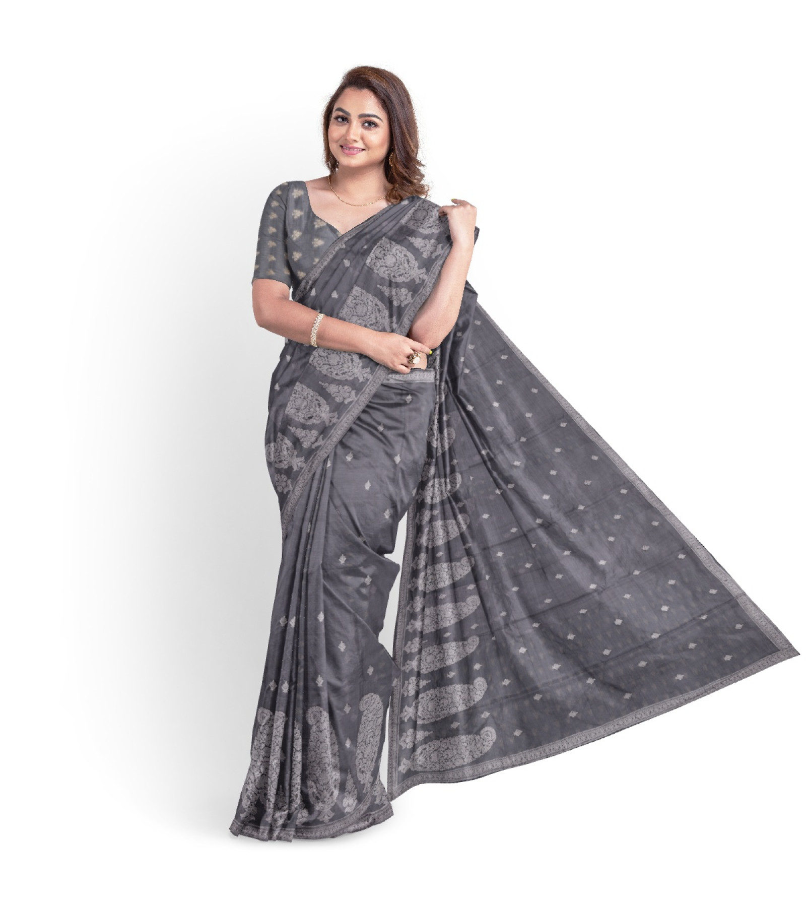 Exclusive Dim Grey Embroidered Tussar Saree by Abaranji 